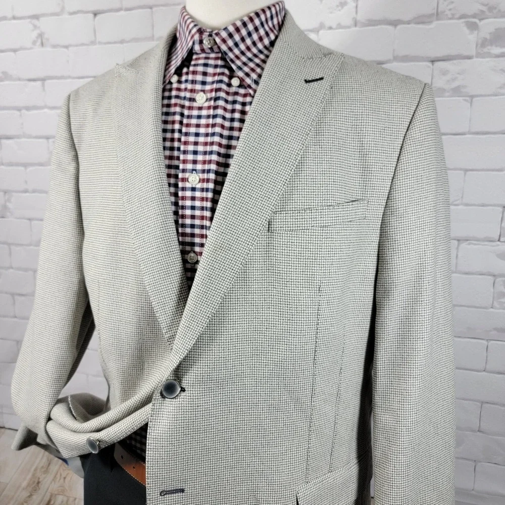 Maceoo Men's Blazer Bethoven Grid White‎ Two Button Checked Poly Blend Size 48L